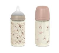 Suavinex, Pack 2 Biberones Vidrio 240 ml Flujo Medio (M), +3 Meses, Rosa | con Tetina Fisiológica SX Pro de Silicona, con válvula Anticólicos, para Líquidos Densidad Media, Agua o Leche, Bebé +3 Meses
