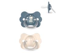 Suavinex, Pack 2 Chupetes Bebés 6/18 Meses, con Tetina Fisiológica de Silicona SX Pro, Simétrica, Plana y Flexible, Respeta el Desarrollo Bucodental, con Anilla, Evita Rozaduras, Wonder Beige + Azul