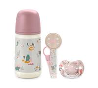 Suavinex, Pack Bebé Recién Nacido, Regalo Bebé con: Biberón Anticólico 270 ml de Flujo Medio (M) + Chupete 0/6 Meses + Chupetero de Tela. Para Bebés 0/6 Meses. Tetinas Sx Pro de Silicona, Walk Rosa
