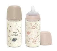 Suavinex, Pack Biberones de Vidrio de 240 ml. Biberón con Tetina Fisiológica SX Pro de Silicona, Anticólicos, Biberón con Tetina de Flujo Medio (M), Para Bebés +3 Meses, Wonderland Rosa, Beige