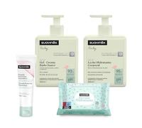 Suavinex, Pack Cosmética Bebés y Recién Nacidos, Apto Pieles Sensibles | Gel Champú Suave 500 ml + Crema Hidratante 500 ml + Crema Pañal 50 ml + Toallitas 25 uds. 93-95% Ingredientes Origen Natural