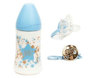 Suavinex Pack Couture Biberón 270ml + Chupete 0-4m + Clip Azul para Chupete