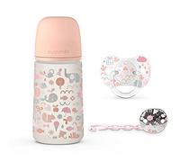 Suavinex, Pack Recién Nacido Sx Pro 0-6 Meses. Contiene: Biberón Anticólico de 270 ml Flujo Medio + Chupete Tétina Fisiológica Sx Pro en Silicona + Cadena Sujeta Chupete. 3 Productos. Memories Rosa