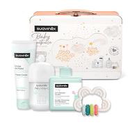 Suavinex, Regalo Bebé Recien Nacido, Canastilla Bebé con Maleta Metálica. Incluye: Baby Cologne 100 ml + Gel Espumoso 300 ml + Crema del Pañal 75 ml + Mordedor de Silicona Flexible, Dreams Coral