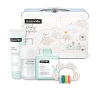 Suavinex, Regalo Bebé Recien Nacido, Canastilla Bebé con Maleta Metálica. Incluye: Baby Cologne 100 ml + Gel Espumoso 300 ml + Crema del Pañal 75 ml + Mordedor de Silicona Flexible, Dreams Azul