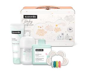 Suavinex, Regalo Bebé Recien Nacido, Canastilla Bebé con Maleta Metálica. Incluye: Baby Cologne 100 ml + Gel Espumoso 300 ml + Crema del Pañal 75 ml + Mordedor de Silicona Flexible, Dreams Coral