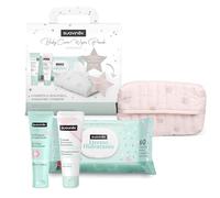 Suavinex, Regalo Bebé Recién Nacido, Canastilla Bebé con Porta Toallitas de Tela con: Crema del Pañal - Pomada Protectora Reparadora + Crema Facial + Toallitas Dermohidratantes, Rosa