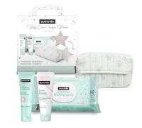 Suavinex, Regalo Bebé Recién Nacido, Canastilla Bebé con Porta Toallitas de Tela con: Crema del Pañal - Pomada Protectora Reparadora + Crema Facial + Toallitas Dermohidratantes, Azul