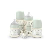 Suavinex, Set Biberones Recién Nacido, Pack Regalo con: 2 x 270 ml Flujo Medio + 2 x 150 ml Flujo Lento + Chupete de 0 a 6 Meses, Tetinas Fisiológicas SX Pro de Silicona, 5 Pcs, +0M, Birdies Verde