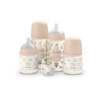 Suavinex, Set Biberones Recién Nacido, Pack Regalo con: 2 x 270 ml Flujo Medio + 2 x 150 ml Flujo Lento + Chupete de 0 a 6 Meses, Tetinas Fisiológicas SX Pro de Silicona, 5 Pcs, +0M, Birdies Rosa