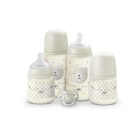 Suavinex, Set Biberones Recién Nacido, Pack Regalo con: 2 x 270 ml Flujo Medio + 2 x 150 ml Flujo Lento + Chupete de 0 a 6 Meses, Tetinas Fisiológicas SX Pro de Silicona, 5 Pcs, +0M, Wild&Free Beige