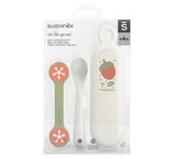 Suavinex - Set de cucharas ON THE GO para bebés +4 meses, estuche práctico personalizable con cuchara ergonómica y sujeta baberos, apto para lavavajillas