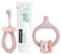 Suavinex, Set Inicio Cuidado Dental, Incluye: Cepillo de Dientes para Bebés + Masajeador Encías + Pasta de Dientes para Bebés, para Regalar, Mangos Ergonómicos, Uso Diario, +0 Meses, Rosa