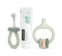 Suavinex, Set Inicio Cuidado Dental, Incluye: Cepillo de Dientes para Bebés + Masajeador Encías + Pasta de Dientes para Bebés, para Regalar, Mangos Ergonómicos, Uso Diario, +0 Meses, Verde