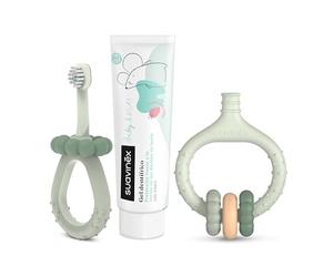 Suavinex, Set Inicio Cuidado Dental, Incluye: Cepillo de Dientes para Bebés + Masajeador Encías + Pasta de Dientes para Bebés, para Regalar, Mangos Ergonómicos, Uso Diario, +0 Meses, Verde