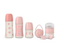 Suavinex Set Biberón 150 Ml + 270 Ml + 360 Ml + Chupete 0-6 Meses + Dosificador + Portachupetes + Broche Pinza. Bonhomia, Rosa
