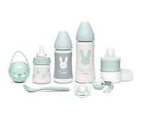 SUAVINEX Set Premium Regalo Recién Nacido con Biberón 150ml, 270ml y 360ml, Dosificador de leche, Chupete fisiológico desde 0 hasta 6 meses, Portachupetes, Broche y Cuchara,Color Verde