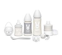 Suavinex Set Premium Regalo Recién Nacido con Biberón 150ml, Biberón 270ml y Biberón 360ml, Dosificador de leche, Chupete fisiológico desde 0 hasta 6 meses, Portachupetes, Broche y Cuchara, Color Gris