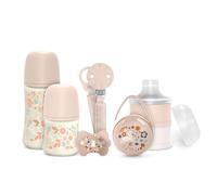 Suavinex, Set Regalo Recién Nacido. Kit Biberones Anticólicos de 150 ml y 270 ml + Chupete 0/6 Meses con Tetina Fisiológica SX Pro + Dosificador de Leche + Portachupetes + Chupetero. Wonderland Rosa