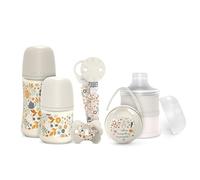 Suavinex, Set Regalo Recién Nacido. Kit Biberones Anticólicos de 150 ml y 270 ml + Chupete 0/6 Meses con Tetina Fisiológica SX Pro + Dosificador de Leche + Portachupetes + Chupetero. Wonderland Beige