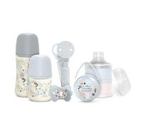 Suavinex, Set Regalo Recién Nacido. Kit Biberones Anticólicos de 150 ml y 270 ml + Chupete 0/6 Meses con Tetina Fisiológica SX Pro + Dosificador de Leche + Portachupetes + Chupetero. Wonderland Azul