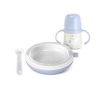 Suavinex, Vajilla Bebés con Plato Térmico, Mantiene la Comida Caliente. Incluye: Cuchara de Silicona + Vaso de Aprendizaje con Asas y Boquilla de Silicona + Plato Térmico, +6 Meses, Wild&Free, Azul