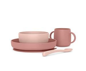 Suavinex, Vajilla para Bebé de Silicona, con Ventosa Resistente. Incluye: Bol de 350 ml + Plato de 400 ml + Taza 240 ml + Cuchara, +4 Meses. Colour Essence, Rosa