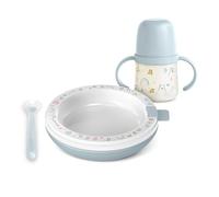 Suavinex, Vajilla para Bebés con Plato Térmico, Mantiene la Comida Caliente. Incluye: Cuchara de Silicona + Vaso de Aprendizaje con Asas y Boquilla de Silicona + Plato Térmico, +6 Meses, Bears Azul