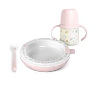 Suavinex, Vajilla para Bebés con Plato Térmico, Mantiene la Comida Caliente. Incluye: Cuchara de Silicona + Vaso de Aprendizaje con Asas y Boquilla de Silicona + Plato Térmico, +6 Meses, Bears Rosa