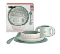Suavinex, Vajilla para Bebés, de Aprendizaje, +6 Meses, Irrompible, Vajilla Infantil Apta Para Lavavajillas y Microondas. Incluye: Taza + Plato + Bol + Mantel Antideslizante + Cuchara. Blanco Verde