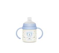 Suavinex, Vaso Aprendizaje Bebé, Taza Antiderrame, Biberón con Asas que Brilla en la Oscuridad, con Boquilla de Silicona y Válvula Anticólico, Ideal para Usar por la Noche, +6 Meses, Wild&Free Azul