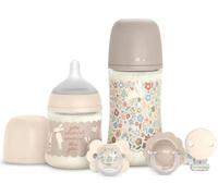 Suavinex, Canastilla, Set Regalo Recién Nacido con Biberones Anticólicos de 150 ml Flujo Lento + 270 ml Flujo Medio + 2 Chupetes 0/6 Meses con Tetina Fisiológica SX Pro + Chupetero. Wonderland Beige