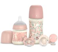 Suavinex, Canastilla, Set Regalo Recién Nacido con Biberones Anticólicos de 150 ml Flujo Lento + 270 ml Flujo Medio + 2 Chupetes 0/6 Meses con Tetina Fisiológica SX Pro + Chupetero. Wonderland Rosa