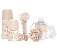 Suavinex, Set Regalo Recién Nacido. Kit Biberones Anticólicos de 150 ml y 270 ml + Chupete 0/6 Meses con Tetina Fisiológica SX Pro + Dosificador de Leche + Portachupetes + Chupetero. Wonderland Rosa