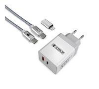 Subblim Cargador Ultra Rápido 2xUSB PD25W + QC3.0 + Cable USB-C + Lightning Blanco