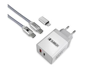 Subblim Cargador Ultra Rápido 2xUSB PD25W + QC3.0 + Cable USB-C + Lightning Blanco