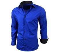 Subliminal Mode RN44 - Camisa, de planchado fácil, para hombre, cuello bicolor liso, manga larga, ceñida, para negocios, para regalo, Navidad y San Valentín, azul cobalto, M