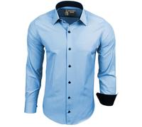 Subliminal Mode RN44 - Camisa, de planchado fácil, para hombre, cuello bicolor liso, manga larga, ceñida, para negocios, para regalo, Navidad y San Valentín, Azul Light, S