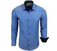 Subliminal Mode RN44 - Camisa, de planchado fácil, para hombre, cuello bicolor liso, manga larga, ceñida, para negocios, para regalo, Navidad y San Valentín, azul, S