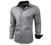 Subliminal Mode RN44 - Camisa, de planchado fácil, para hombre, cuello bicolor liso, manga larga, ceñida, para negocios, para regalo, Navidad y San Valentín, gris, S