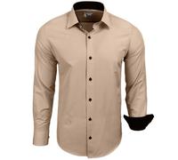 Subliminal Mode RN44 - Camisa, de planchado fácil, para hombre, cuello bicolor liso, manga larga, ceñida, para negocios, para regalo, Navidad y San Valentín, beige, M