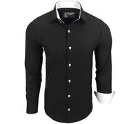 Subliminal Mode RN44 - Camisa, de planchado fácil, para hombre, cuello bicolor liso, manga larga, ceñida, para negocios, para regalo, Navidad y San Valentín, Negro , 4XL