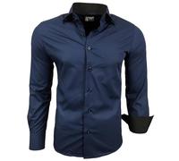 Subliminal Mode RN44 - Camisa, de planchado fácil, para hombre, cuello bicolor liso, manga larga, ceñida, para negocios, para regalo, Navidad y San Valentín, azul marino, XL