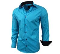Subliminal Mode RN44 - Camisa, de planchado fácil, para hombre, cuello bicolor liso, manga larga, ceñida, para negocios, para regalo, Navidad y San Valentín, turquesa, XL