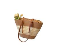 SUBLXPoten Bolso Tejido de Play Bolso de mano tejido gran capacidad con sistema forestal, bolso paja for playa verano, estilo Tot un solo hombro(Five-strand braid-khaki)