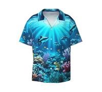 Submarine Coral Rays - Camisa informal de manga corta para hombre, elegante estampado hawaiano, transpirable y cómoda, con botones, Negro, L