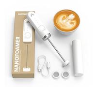 Subminimal NanoFoamer White Special Edition litio mano crema de leche; hace leche con micrófono premium para bebidas de café estilo barista en casa. USB-C recargable