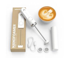 Subminimal NanoFoamer White Special Edition litio mano crema de leche; hace leche con micrófono premium para bebidas de café estilo barista en casa. USB-C recargable