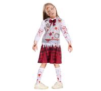 SUBRINGE Disfraz Colegiala Zombie Halloween para Niños con Disfraz Halloween Niña, Calcetines, Pegatinas Tatuajes Sangrientos, Disfraces Estudiante Animadora Zombie para Carnaval (S)