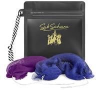 SubSahara Esponja africana auténtica, 2 piezas exfoliantes para todo tipo de piel, ideal para uso diario de cara y cuerpo, duradera, suave exfoliación (azul y morado)